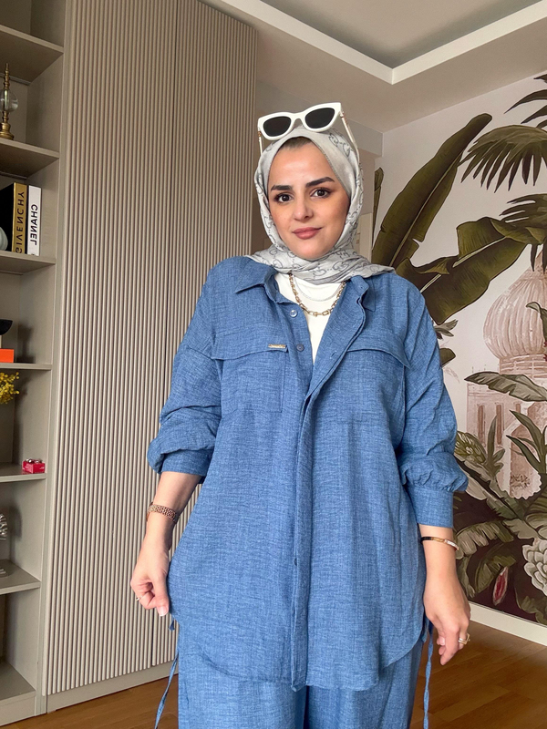 Cepli Pamuk Keten Gömlek Pantolon Takım Mavi
