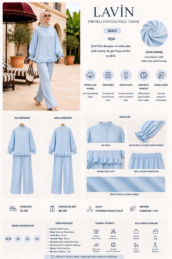 Lavin  Çilek Kumaş Fırfırlı Oversize Pantolonlu Takım-Mavi