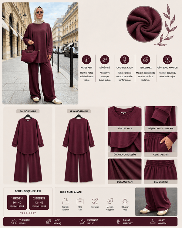 Pike Modal Oversize Pantolonlu Takım-Mürdüm