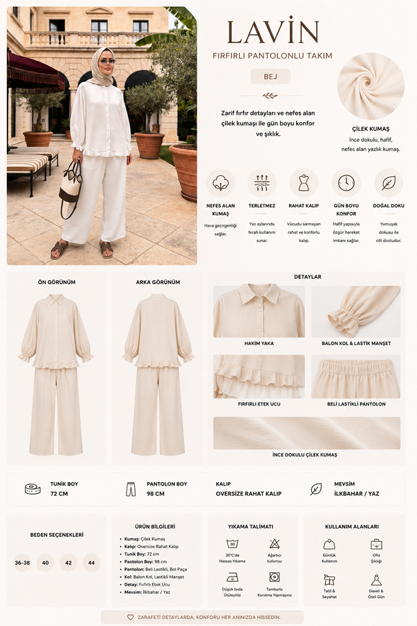 Lavin  Çilek Kumaş Fırfırlı Oversize Pantolonlu Takım-Bej