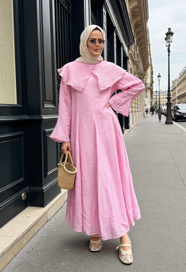 Romantik Pamuk Vual Astarlı Elbise –Pembe