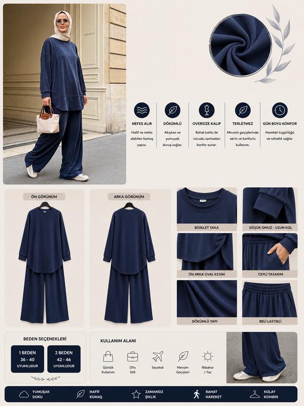 Pike Modal Oversize Pantolonlu Takım-Lacivert