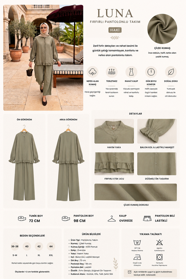 Lavin  Çilek Kumaş Fırfırlı Oversize Pantolonlu Takım-Haki