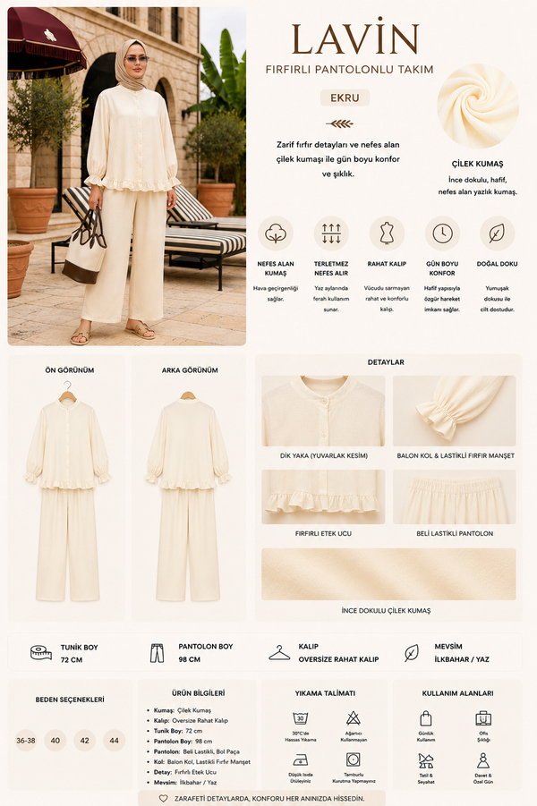 Lavin  Çilek Kumaş Fırfırlı Oversize Pantolonlu Takım-Ekru