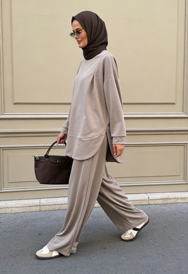 Pike Modal Oversize Pantolonlu Takım-Bej