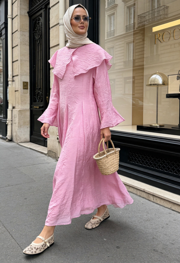 Romantik Pamuk Vual Astarlı Elbise –Pembe