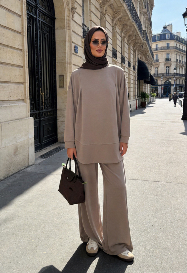 Pike Modal Oversize Pantolonlu Takım-Bej