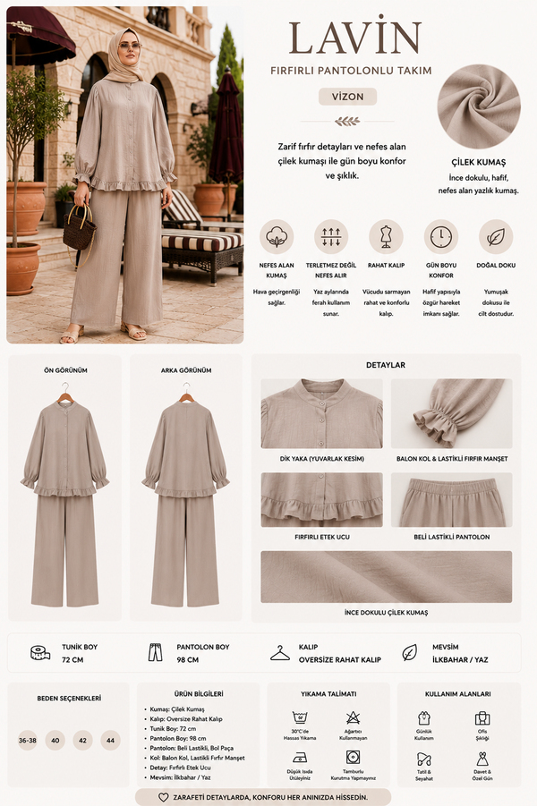 Lavin  Çilek Kumaş Fırfırlı Oversize Pantolonlu Takım-Vizon