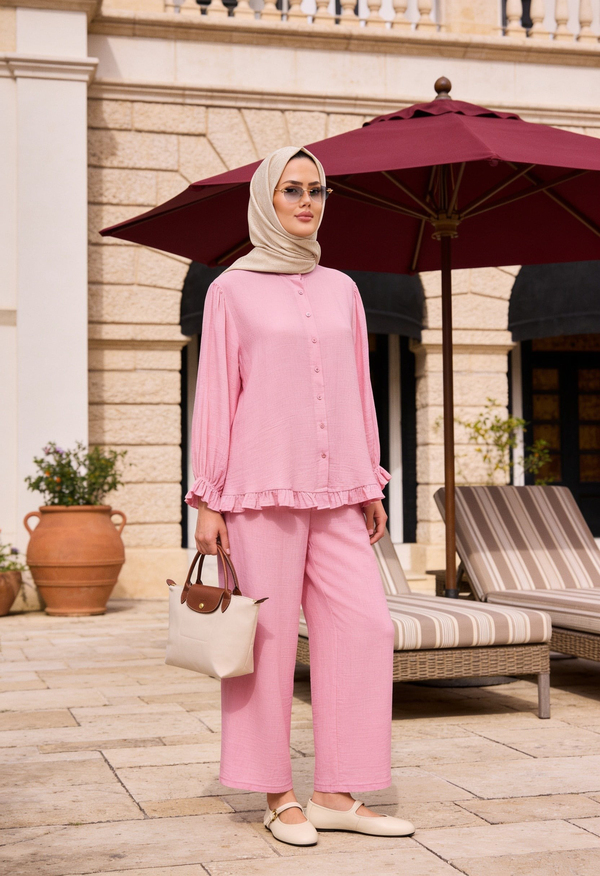 Lavin  Çilek Kumaş Fırfırlı Oversize Pantolonlu Takım-Pembe