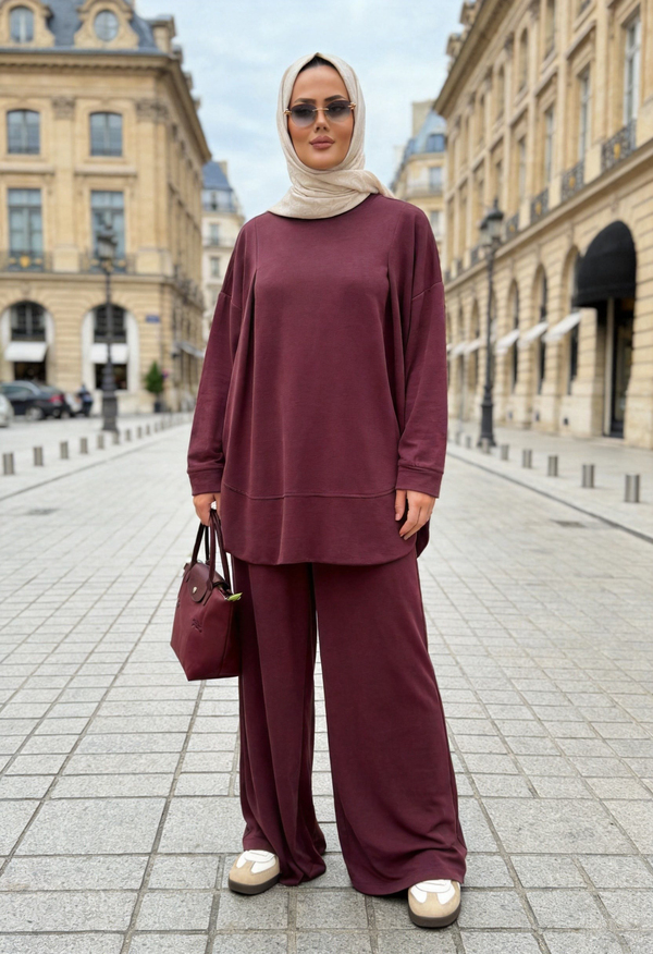 Pike Modal Oversize Pantolonlu Takım-Mürdüm