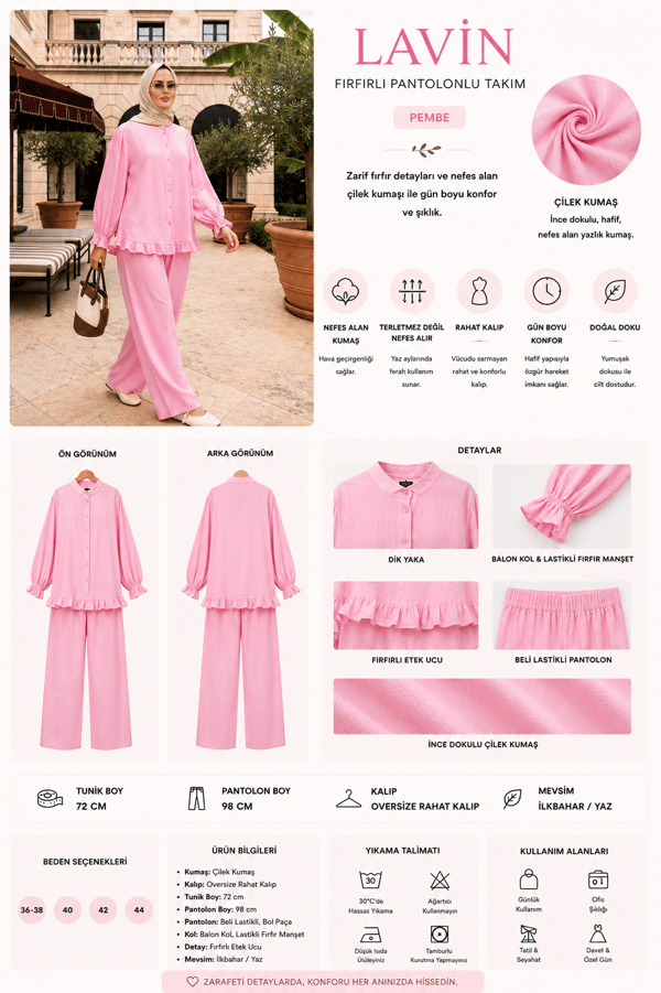 Lavin  Çilek Kumaş Fırfırlı Oversize Pantolonlu Takım-Pembe