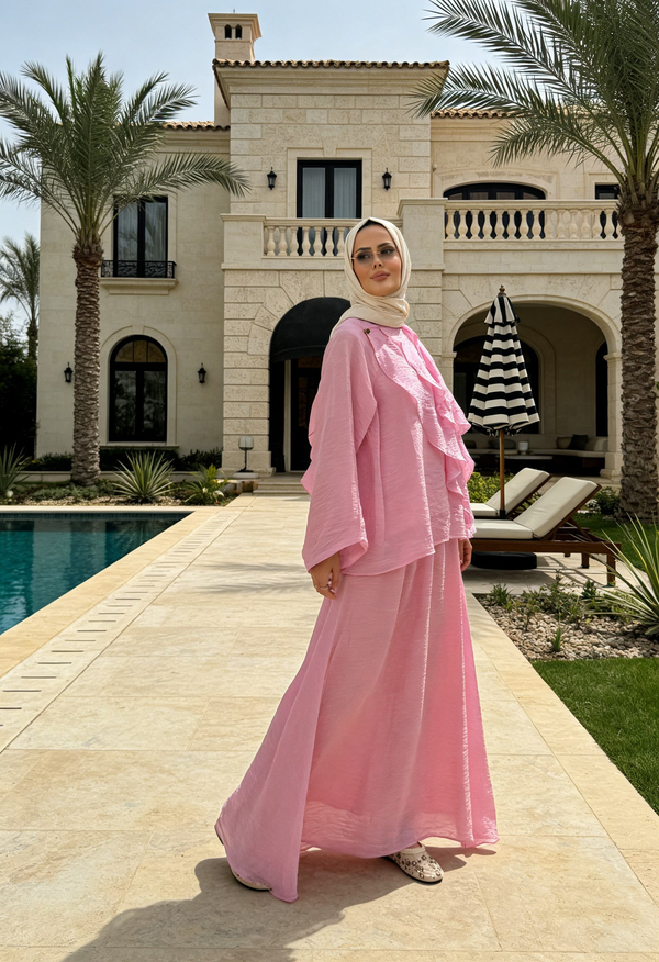 Volan Detaylı Etek Takım | Rahat Kalıp Tesettür Takım-Pembe