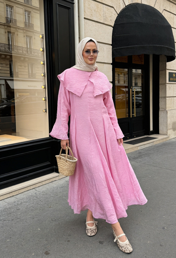 Romantik Pamuk Vual Astarlı Elbise –Pembe