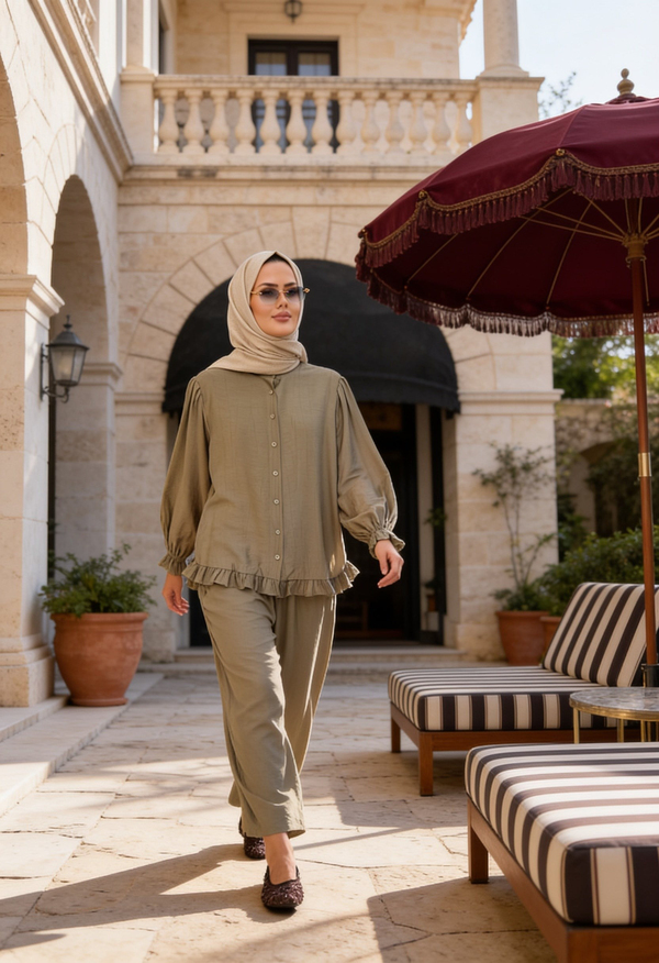 Lavin  Çilek Kumaş Fırfırlı Oversize Pantolonlu Takım-Haki