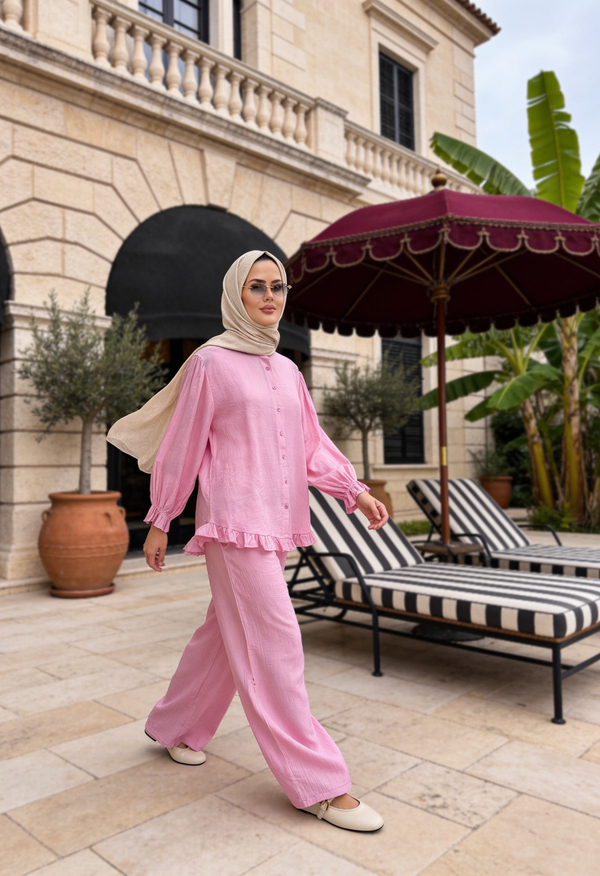 Lavin  Çilek Kumaş Fırfırlı Oversize Pantolonlu Takım-Pembe