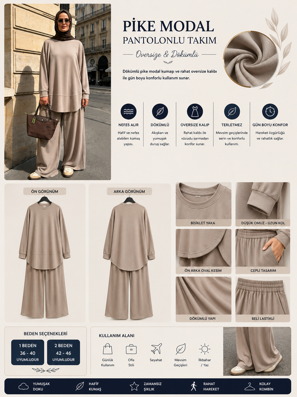 Pike Modal Oversize Pantolonlu Takım-Bej