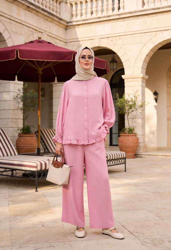 Lavin  Çilek Kumaş Fırfırlı Oversize Pantolonlu Takım-Pembe