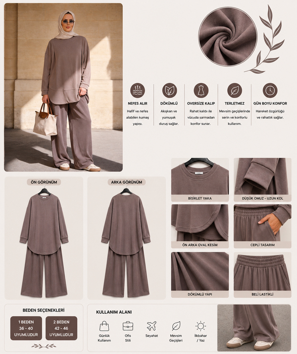 Pike Modal Oversize Pantolonlu Takım-Vizon