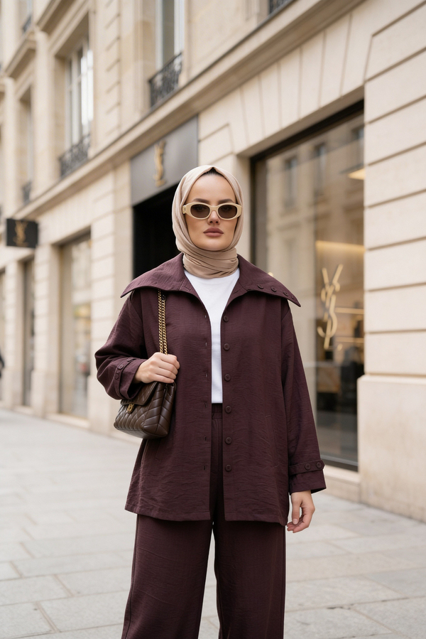 Massimo Kupra Kumaş Düğmeli Gömlekli Palazzo Pantolon Takım/Bordo