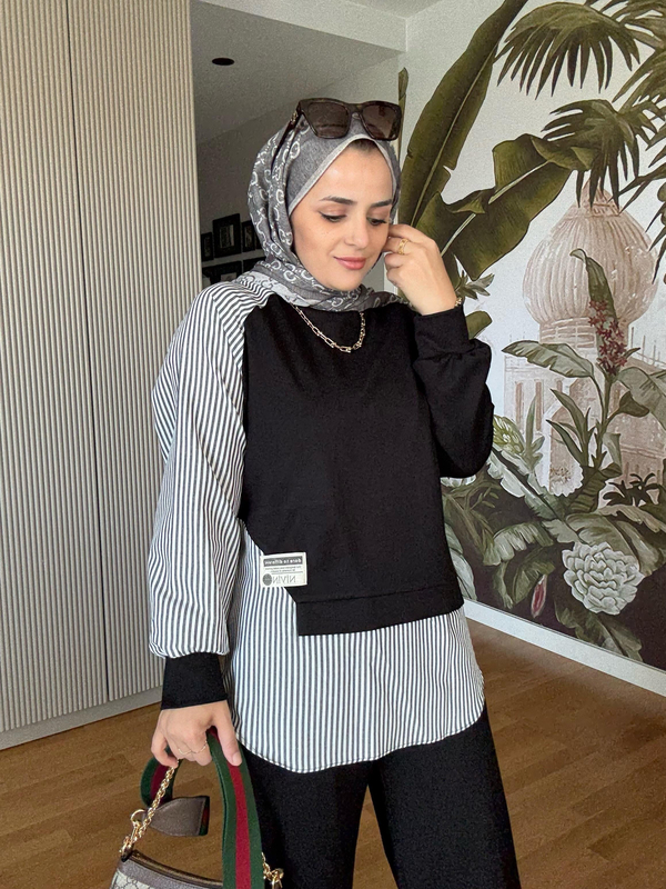 Modal Kumaş Gömlek Detaylı Tesettür İkili Takım - Rahat Kombin Siyah