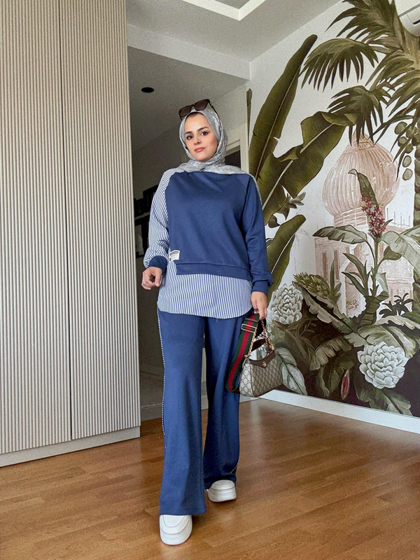 Modal Kumaş Gömlek Detaylı Tesettür İkili Takım - Rahat Kombin Lacivert