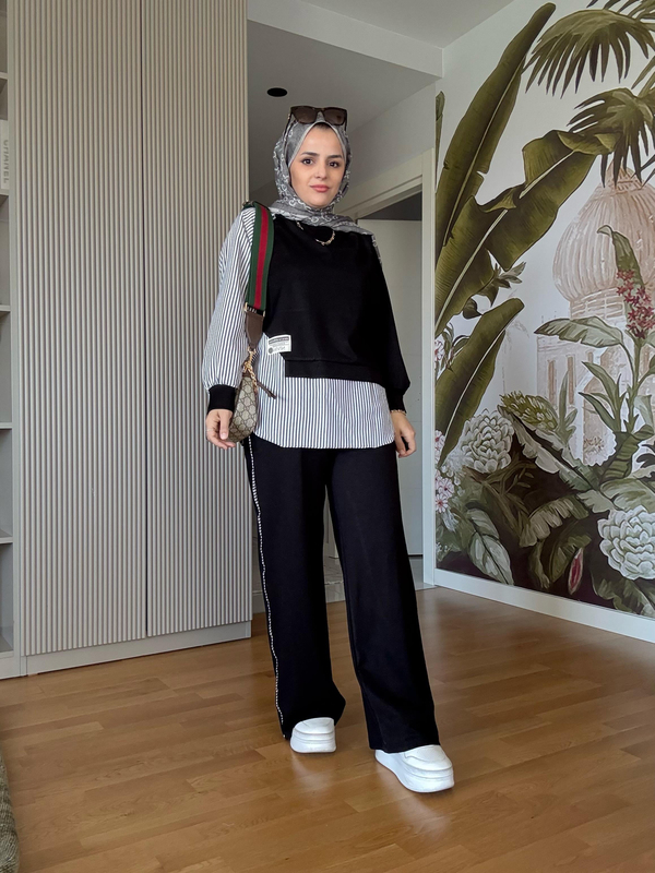 Modal Kumaş Gömlek Detaylı Tesettür İkili Takım - Rahat Kombin Siyah