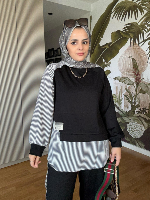 Modal Kumaş Gömlek Detaylı Tesettür İkili Takım - Rahat Kombin Siyah