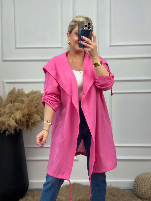 Arkası Kuş Baskılı Keten Uzun Kimono PEMBE-23MeUST00028