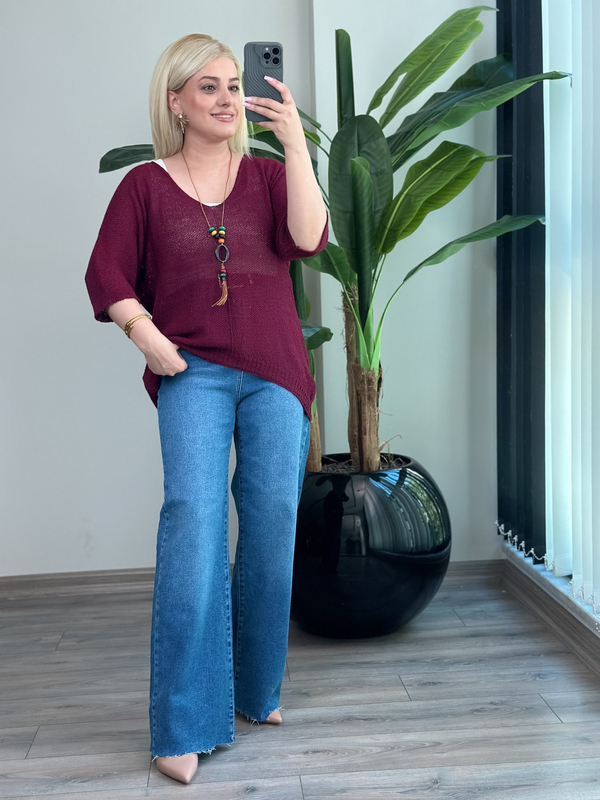 Asimetrik Kesim Triko Bluz BORDO-23MeUST00173