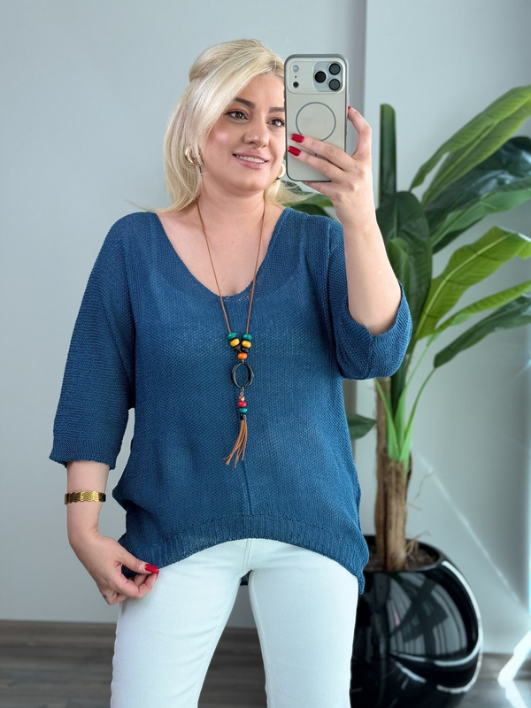Asimetrik Kesim Triko Bluz İNDİGO-23MeUST00173