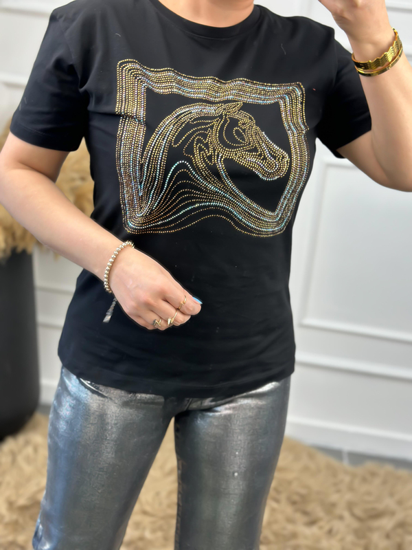 At Figürlü Taş İşlemeli Tshirt SİYAH-23YUST000019