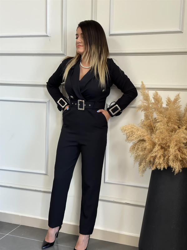 Atlas Kumaş Kemerli Tulum SİYAH-23MeALT00028