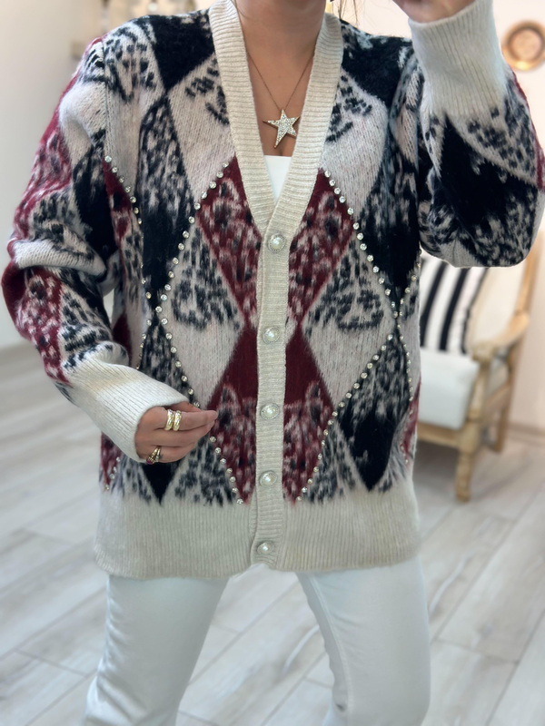 Baklava Desen inçi Düğmeli Taş Detaylı Hırka BORDO-23KDIS000073