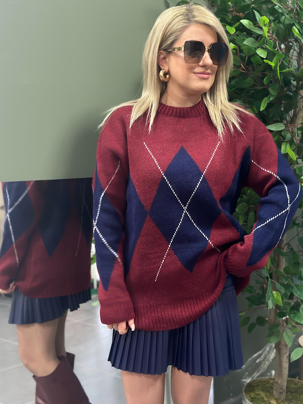 Baklava Desenli Kazak BORDO LACİVERT-23KUST000103