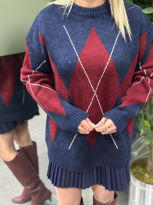 Baklava Desenli Kazak LACİVERT BORDO-23KUST000103