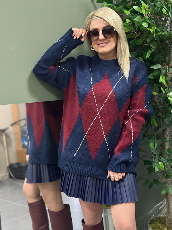 Baklava Desenli Kazak LACİVERT BORDO-23KUST000103