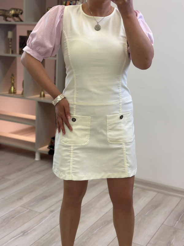 Balon Kol Likralı Denim Elbise EKRU-23YELB000144
