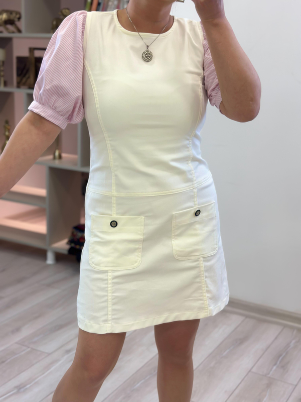 Balon Kol Likralı Denim Elbise EKRU-23YELB000144