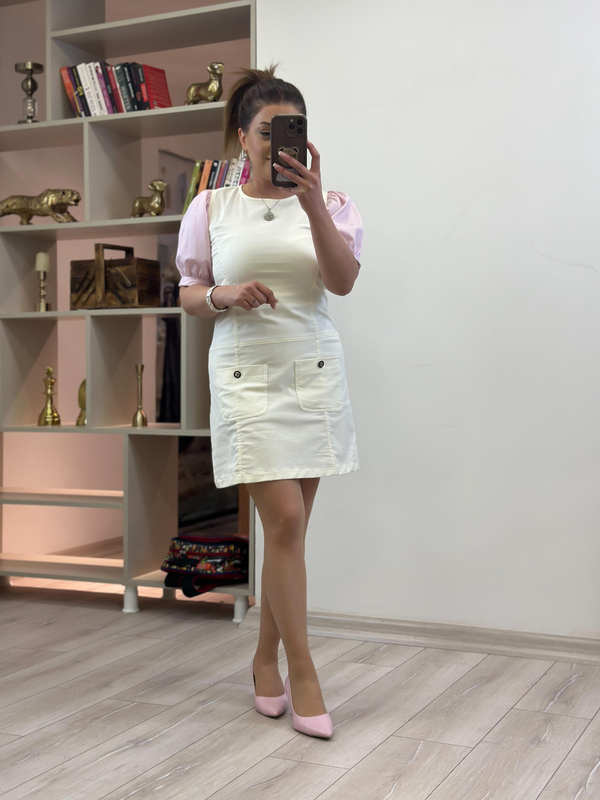 Balon Kol Likralı Denim Elbise EKRU-23YELB000144