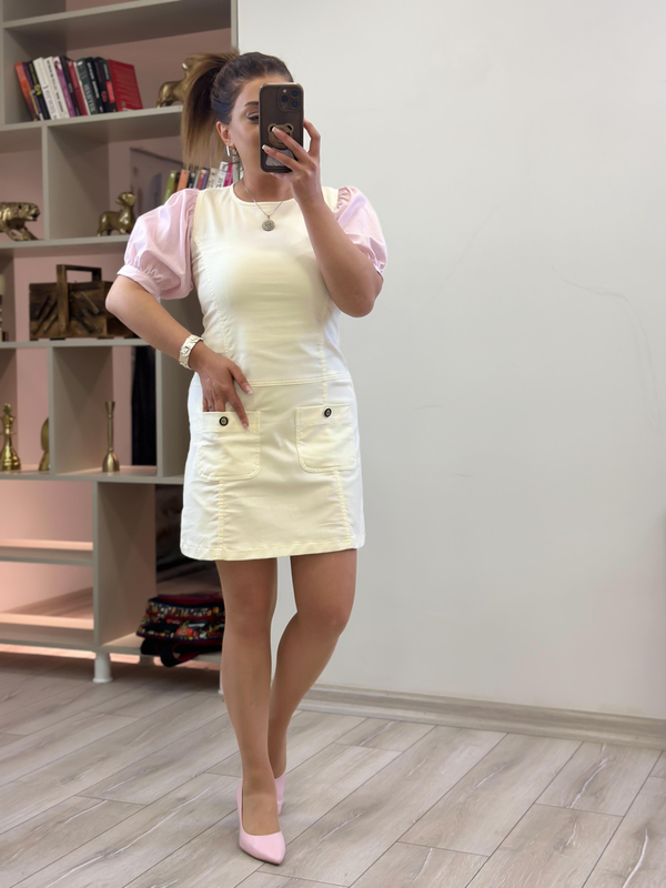 Balon Kol Likralı Denim Elbise EKRU-23YELB000144