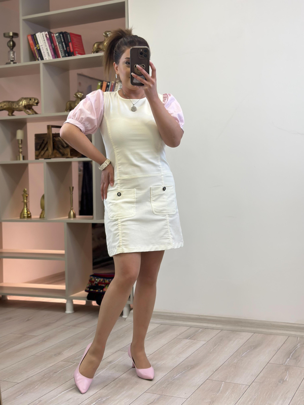 Balon Kol Likralı Denim Elbise EKRU-23YELB000144