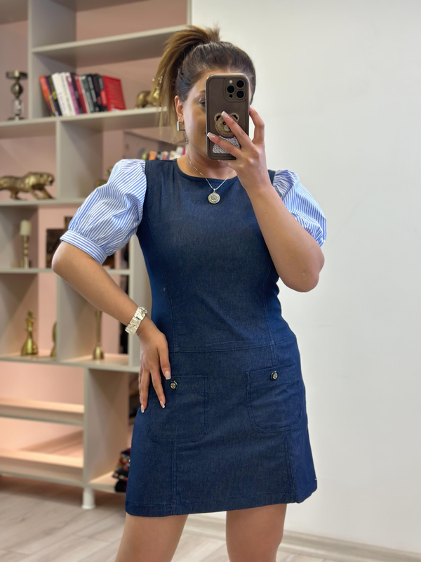 Balon Kol Likralı Denim Elbise LACİVERT-23YELB000144