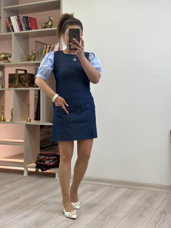 Balon Kol Likralı Denim Elbise LACİVERT-23YELB000144