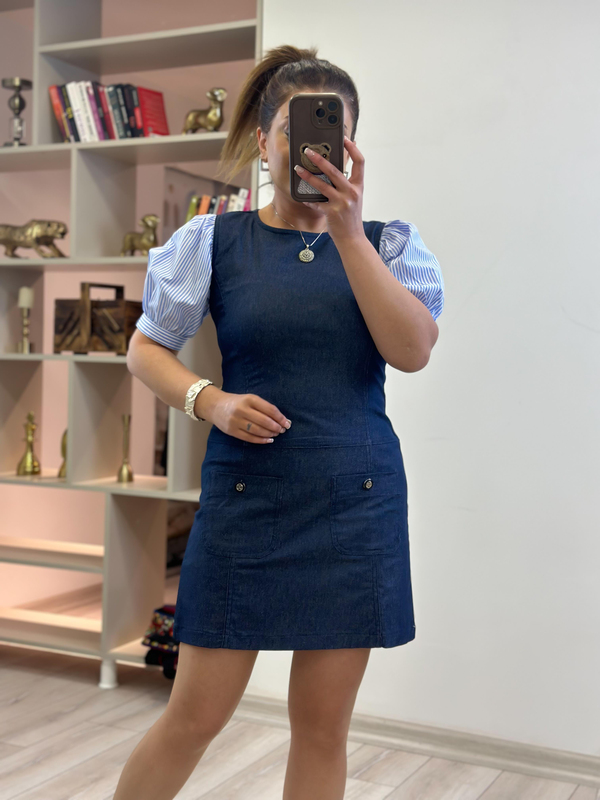 Balon Kol Likralı Denim Elbise LACİVERT-23YELB000144