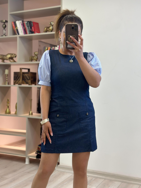 Balon Kol Likralı Denim Elbise LACİVERT-23YELB000144
