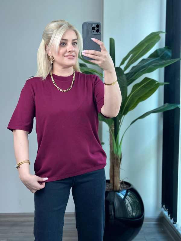 Basic Yaka Kısa Kollu Triko BORDO-23MeUST00102