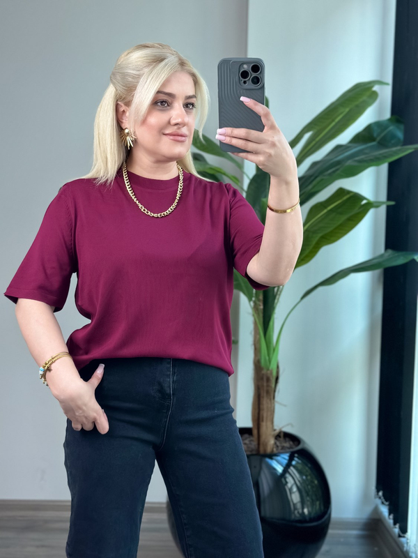 Basic Yaka Kısa Kollu Triko BORDO-23MeUST00102