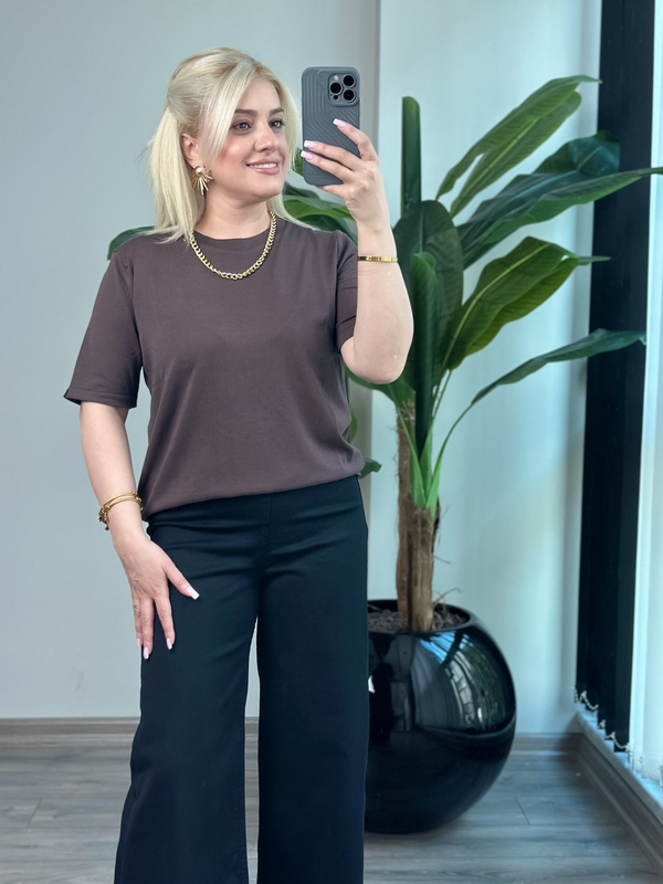 Basic Yaka Kısa Kollu Triko KAHVE-23MeUST00102