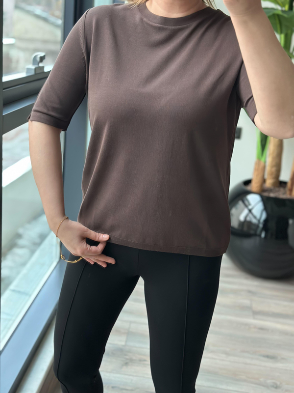 Basic Yaka Kısa Kollu Triko KAHVE-23MeUST00102