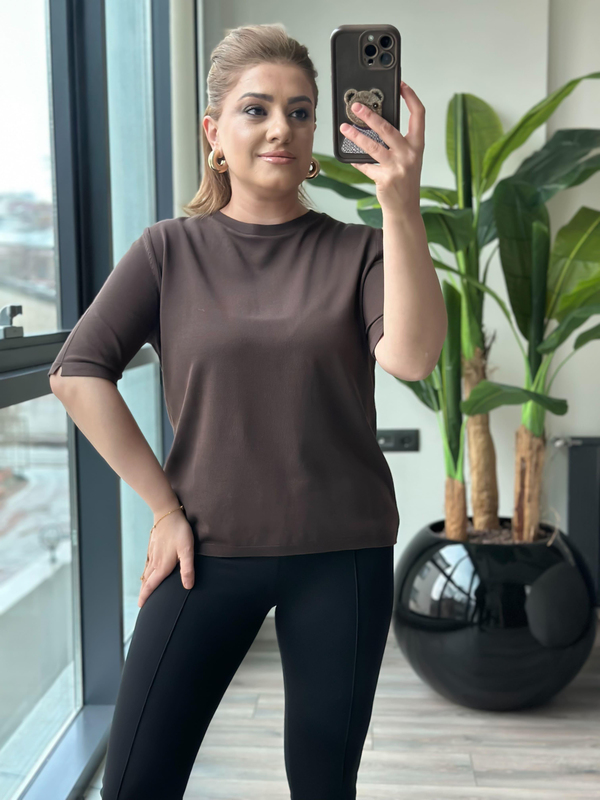 Basic Yaka Kısa Kollu Triko KAHVE-23MeUST00102